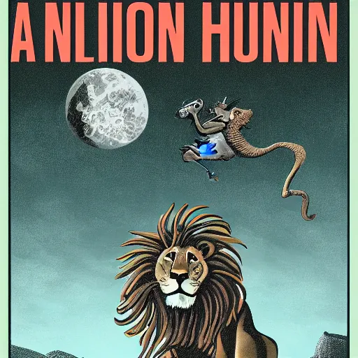 Prompt: a lion hunting an alien, book cover