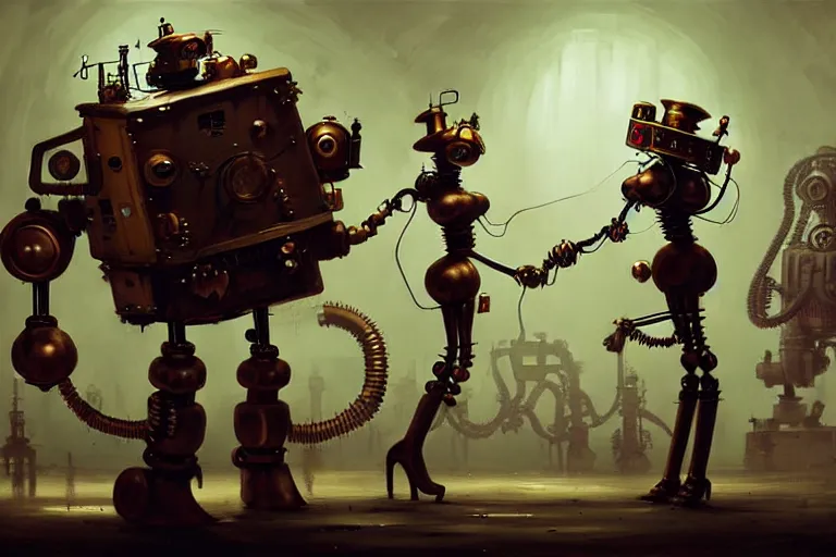 Image similar to steampunk robots dancing by otto dix and greg rutkowski and andreas rocha, cinematic lighting, highly detailed, 4 k