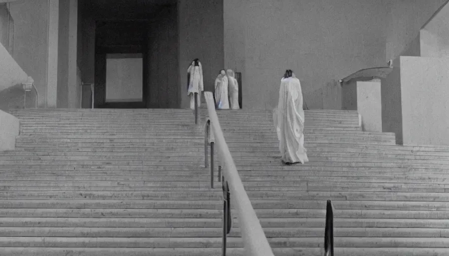 Prompt: 60s movie still of a white japanese female phantom bloody in infinite stairs, eastmancolor, heavy grain, high quality, higly detailed, liminal space