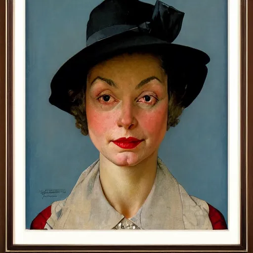 Prompt: frontal portrait of a woman with a hat that covers her eyes, by norman rockwell