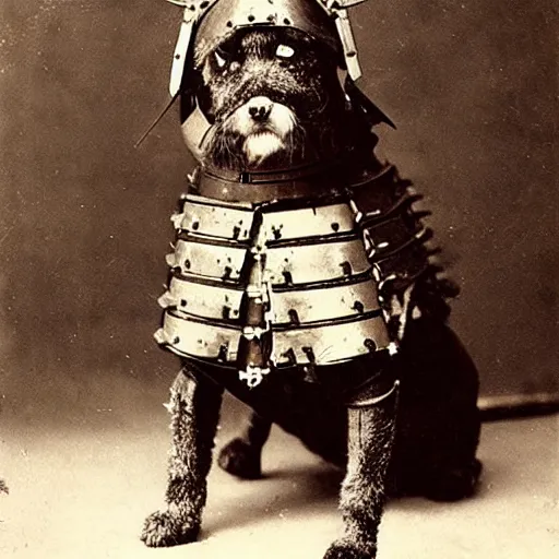 Prompt: “dog in full samurai armour, 1900’s photo”
