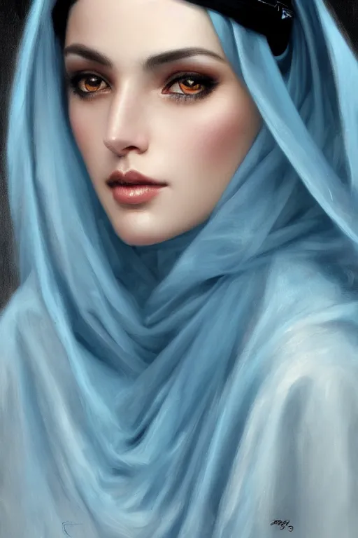 Prompt: modern arab Ameera al-Taweel, bright blue eyes, wavy black hair, white veil, closeup, focus face, elegant, highly detailed, centered, oil painting, artstation, concept art by tom bagshaw