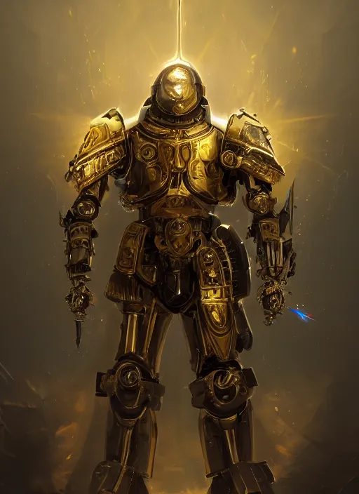 Image similar to dynamic attack position abstract portrait of a intricate glorious holy mechanical warforged character in yellow armor holding a paladin engraved great longsword drawn and carrying a big paladin shield, beam glowing eye , face in focus, epic , trending on ArtStation, masterpiece, cinematic lighting, by Ross Tran and by Greg Rutkowski