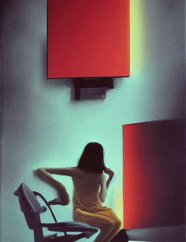 Image similar to woman in dark room sitting on a chair infront of tv, blue rays from tv, redshift, wide shot, coloured polaroid photograph, pastel, kodak film, hyper real, stunning moody cinematography, by maripol, fallen angels by wong kar - wai, style of suspiria and neon demon, david hockney, detailed, oil on canvas