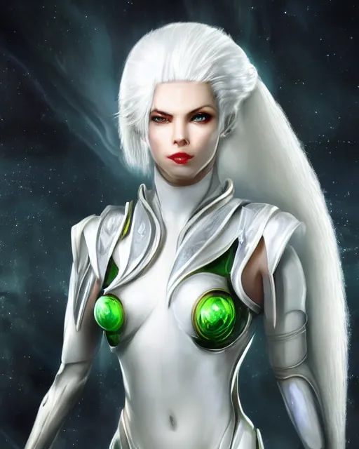 Image similar to perfect white haired attractive egyptian goddess, warframe armor, beautiful, symmetric, dreamy, half asian, pretty face, green eyes, charlize theron, detailed, scifi platform, laboratory, experiment, 4 k, ultra realistic, epic lighting, android body, illuminated, cinematic, masterpiece, art by akihito tsukushi, voidstar