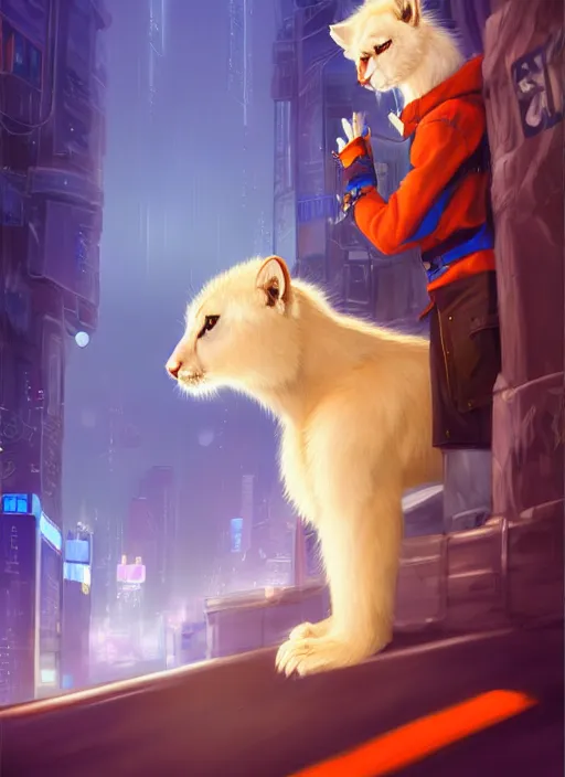 Image similar to award winning beautiful portrait commission of a male furry anthro albino mountain lion fursona with a tail and a cute beautiful attractive detailed furry face wearing stylish blue and orange rockstar clothes in a cyberpunk city at night while it rains. Character design by charlie bowater, ross tran, artgerm, and makoto shinkai, detailed, inked, western comic book art
