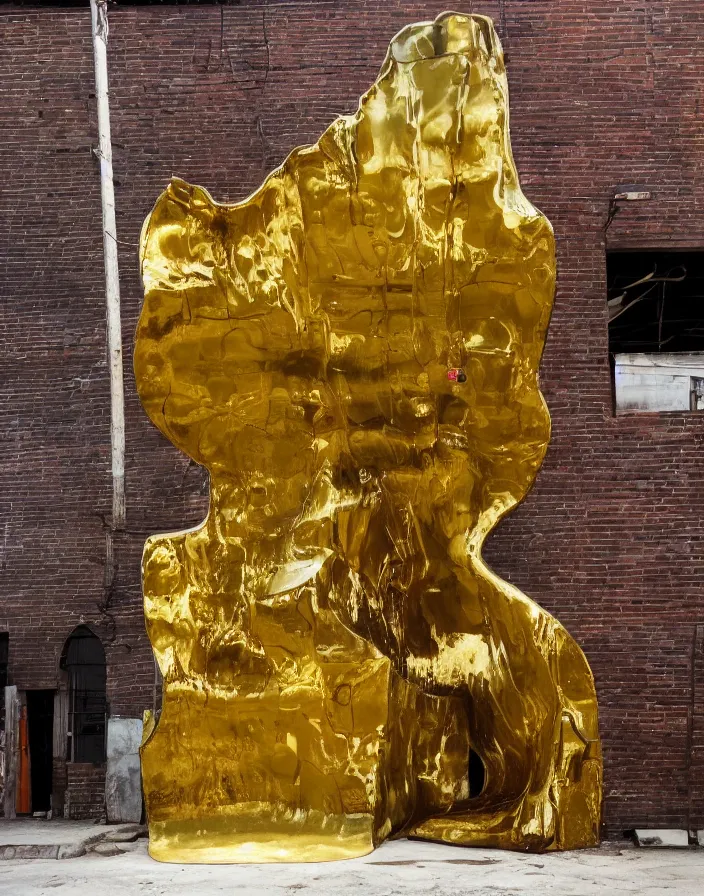 Prompt: vintage color photo of a massive liquid gold sculpture in a south american alley with white walls, still of a werner herzog documentary