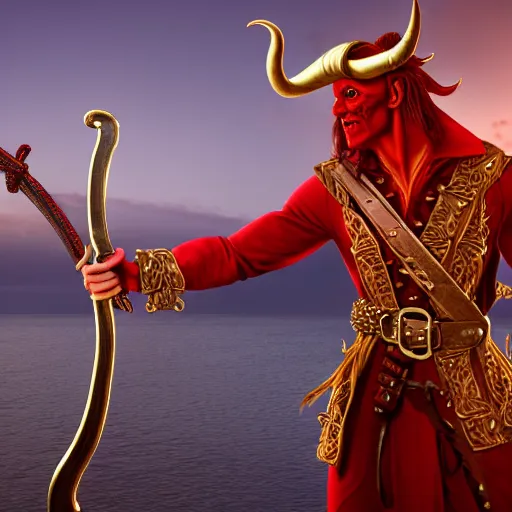 Prompt: a red skinned horned male tiefling, dungeons and dragons, chiseled features, wearing a pirate coat with shiny gold buckles and a rapier on his hip, standing at the prow of his ship looking out over the water, uhd, 8 k, high detail, sunset lighting