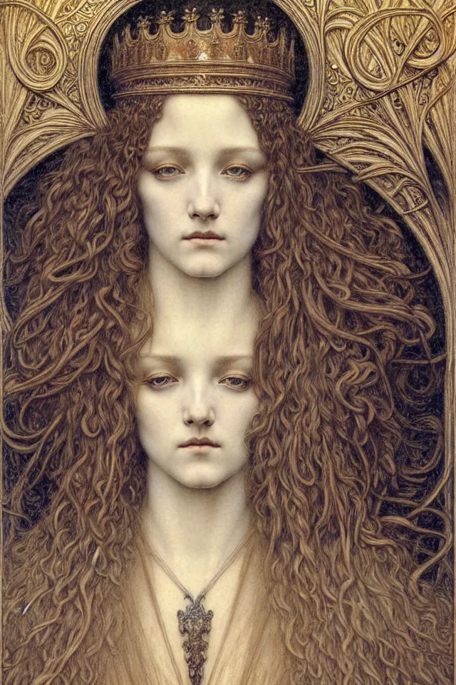 Image similar to detailed realistic beautiful young medieval queen face portrait by jean delville, gustave dore and marco mazzoni, art nouveau, symbolist, visionary, gothic, pre - raphaelite. horizontal symmetry