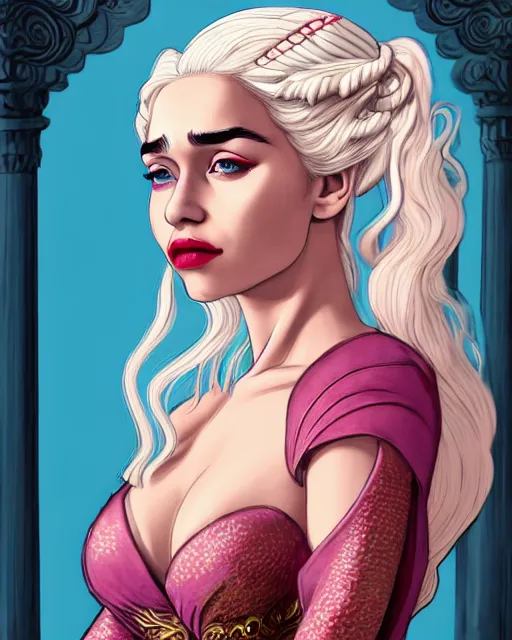 Prompt: closeup portrait beautiful seductive daenerys targaryen with long blonde windblown hair in an ornate royal dress, standing on a street in chinatown, pink lipstick, glamour pose, detailed illustration, digital art, trending on artstation, arney freytag, frank miller, moebius, graffiti, gta v,