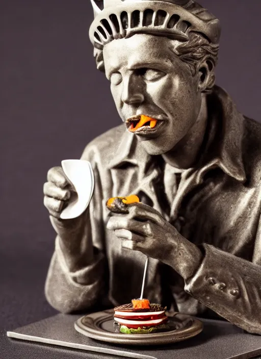 Prompt: Tom Waits eating a miniature Statue of Liberty on a plate in a restaurant, color photograph portrait 4k