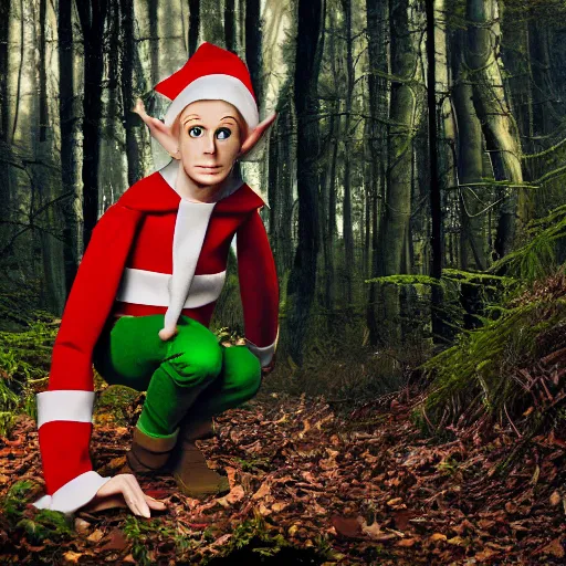 Image similar to scary photo of an elf in the woods, photorealistic