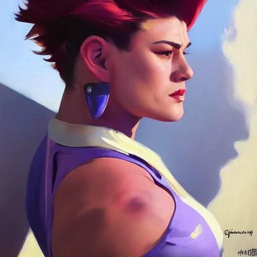 Prompt: greg manchess portrait painting zarya from overwatch, medium shot, asymmetrical, profile picture, organic painting, sunny day, matte painting, bold shapes, hard edges, street art, trending on artstation, by huang guangjian and gil elvgren and sachin teng