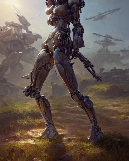 Image similar to daniel gerhartz and artgerm full portrait digital rococo painting of a beautiful serious woman wearing a mecha suit, war torn battlefield in the background, glinting sunlight, unreal engine, hyper realism, realistic shading, cinematic composition, blender render, octane render, hdr, detailed textures, photorealistic, wide shot, 3 5 mm film
