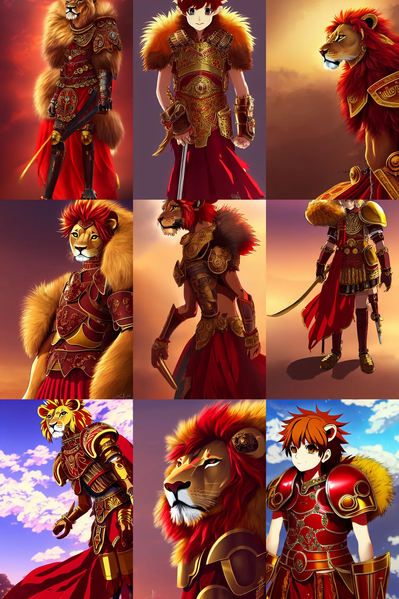 Prompt: lion with red and gold roman armor and roman skirt, fursona, anthro, young boy, anime key visual, detailed armor, detailed fur, makoto shinkai, portrait