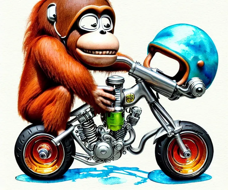 Image similar to cute and funny, orangutan wearing a helmet riding in a tiny hot rod with oversized engine | ratfink style by ed roth, centered award winning watercolor pen illustration, isometric illustration by chihiro iwasaki, edited by range murata, tiny details by artgerm, symmetrically isometrically centered