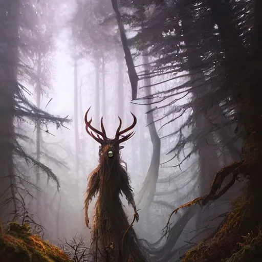 Image similar to highly detailed creepy forest creature with antlers, stephen bliss, unreal engine, fantasy art by greg rutkowski, loish, rhads, ferdinand knab, makoto shinkai and lois van baarle, ilya kuvshinov, rossdraws, tom bagshaw, global illumination, radiant light, detailed and intricate environment