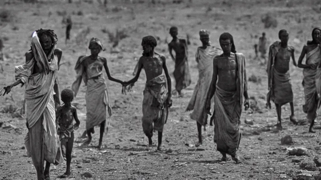 Image similar to 1984 Ethiopian biblical famine and drought, moody, dark, movie scene, hd, 4k, wide shot