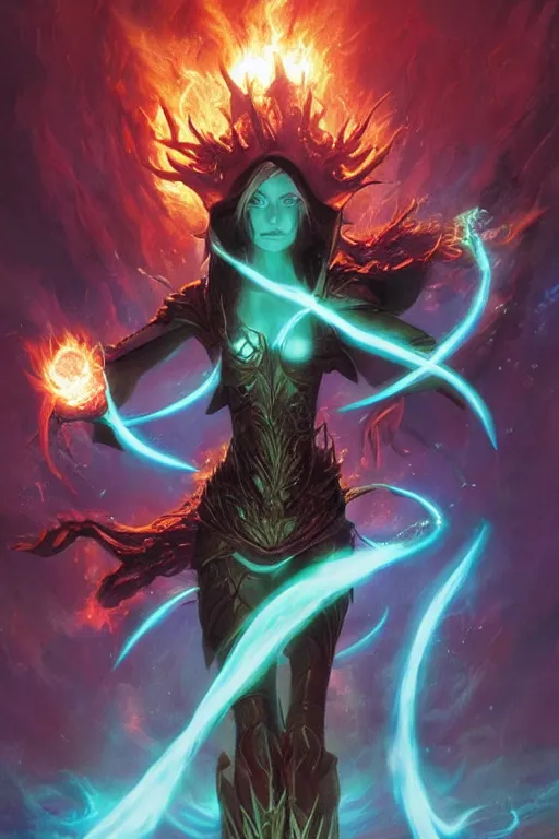 Image similar to <magic-the-gathering-artwork quality=high mode='attention grabbing'>The earth burns while a mage casts her spell</magic-the-gathering-artwork>