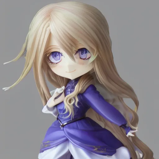 Image similar to 3d render of a blue eyed blonde long hair violet evergarden as a cute chibi figurine, blue-white dress, blender, artstation