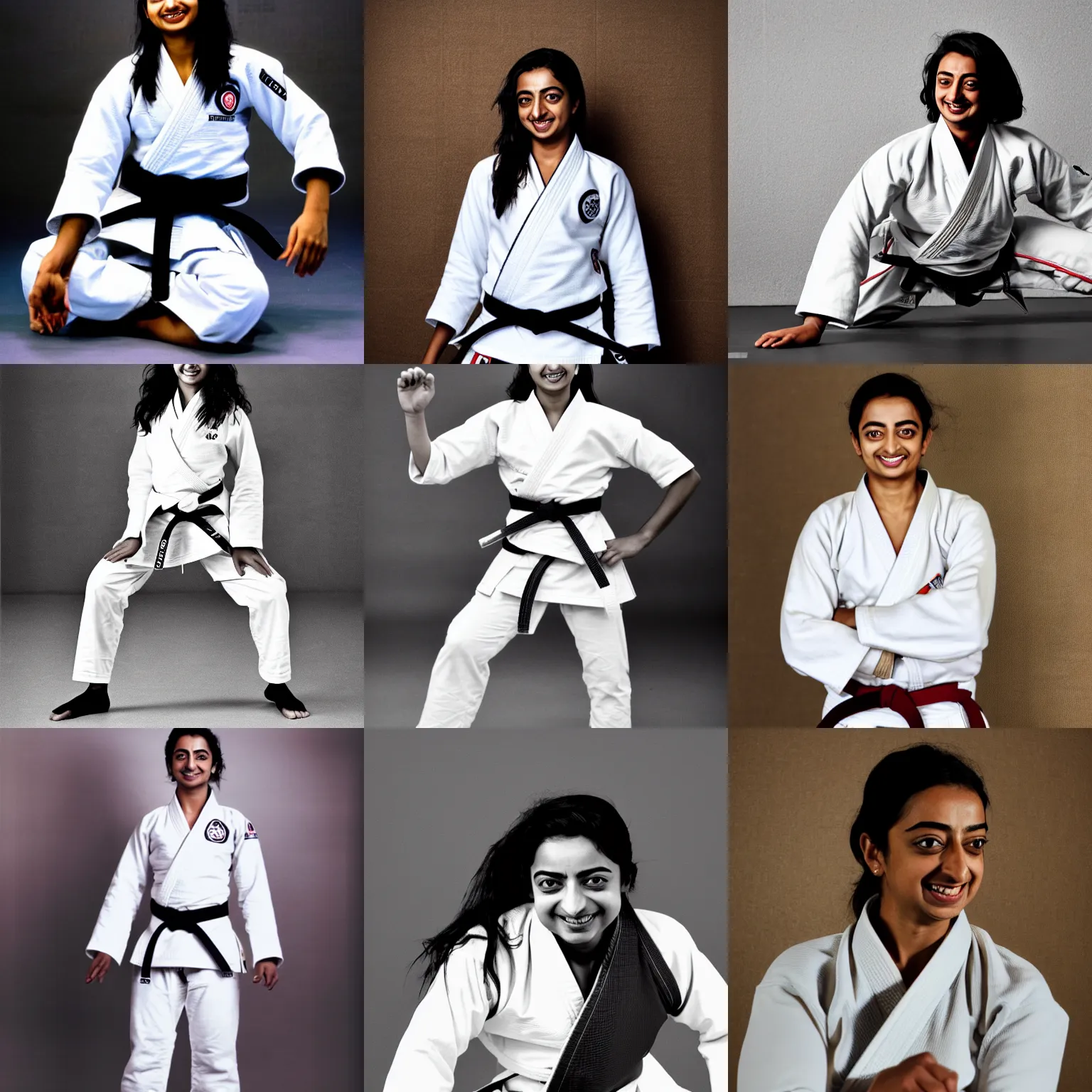 Prompt: Radhika Apte as a judo black belt teacher, wearing white clothes, in a gym, smiling, 1918, detailed high quality photo by Annie Leibovitz