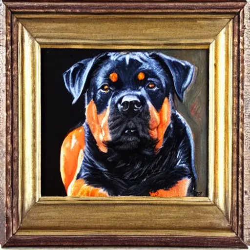 Prompt: sad sitting Rottweiler arms crossed pose, oil painting