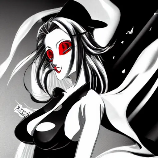 Image similar to anime femme fatale, film noir, black and white and red