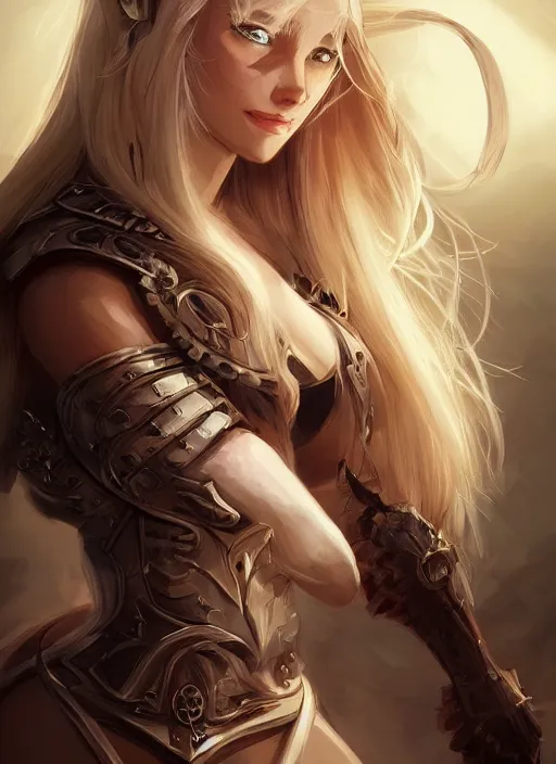 Image similar to beautiful lady, blonde long hair, practical armor, brown skin, demonic eyes, low fantasy, extremely detailed, sharp focus, smooth, digital illustration, by rossdraws, frank franzzeta, sakimichan