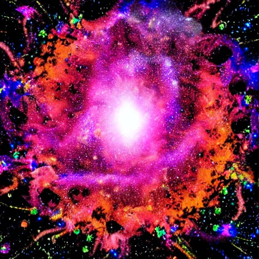 Prompt: black hole made of flowers, psychedelic, colorful, nebula, 8k, sparkles, quantum immortality, singularity
