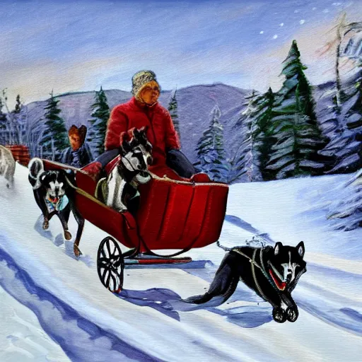 Image similar to Painting of a sled with a man on it being towed by huskies in the style of Ted Harrison, 8K