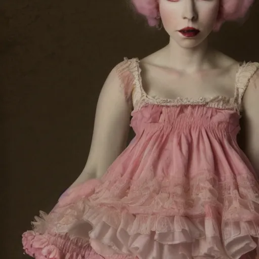 Image similar to 8 k, octane render, realism, tonalism, renaissance, rococo, baroque, cotton candy, portrait of a creepy young lady wearing long 1 9 7 0 s babydoll dress with flowers and skulls