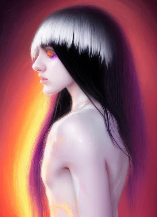 Image similar to hair whitebangs hair, black hair, portrait of teenage girl with white bangs, whitebangsblackhair, messy bangs, curly bangs, whitebangs, red irises, purple clothes, intricate, elegant, glowing lights, highly detailed, digital painting, artstation, concept art, sharp focus, illustration, art by wlop, mars ravelo and greg rutkowski