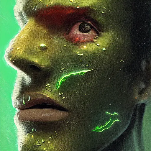 Image similar to atractive man face made of green lava and fire, cyberpunk fashion, character design humanoid, realistic shaded perfect face, fine details, very dark environment, misty atmosphere, closeup, d & d, fantasy, intricate, elegant, highly detailed, digital painting, artstation, hearthstone, art by artgerm and greg rutkowski and alphonse mucha, marvelous designer