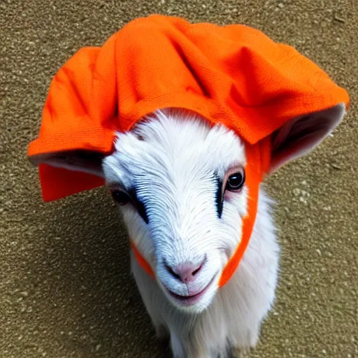 Prompt: cute baby goat wearing orange inmate clothes