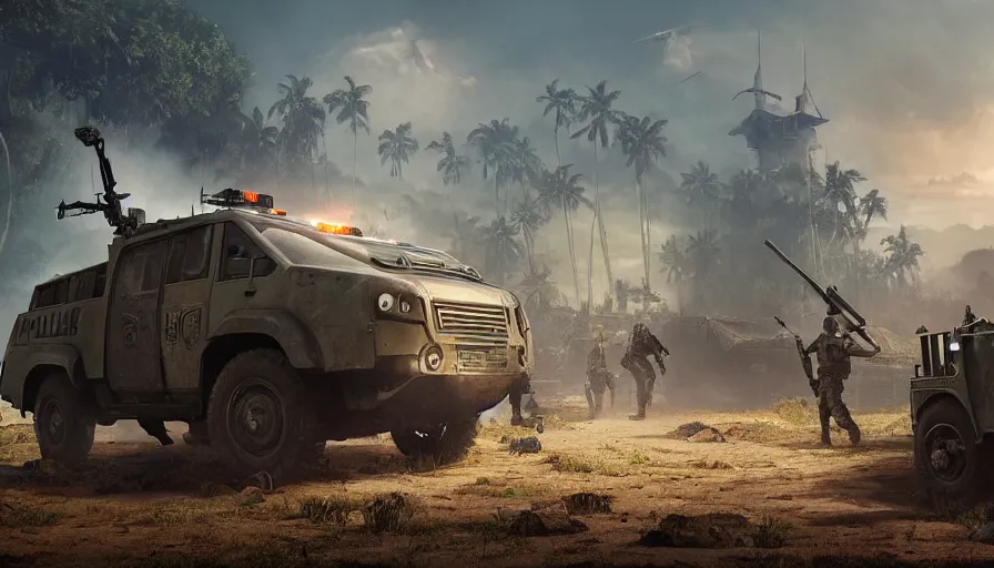 Image similar to a militarized police vehicle riding through a kerala village, troops searching the area, furious action scene, an epic fantasy, dramatic lighting, cinematic, establishing shot, extremely high detail, photorealistic, cinematic lighting, artstation, matte painting, octane render, by simon stalenhag, shadow of the tomb raider, diorama