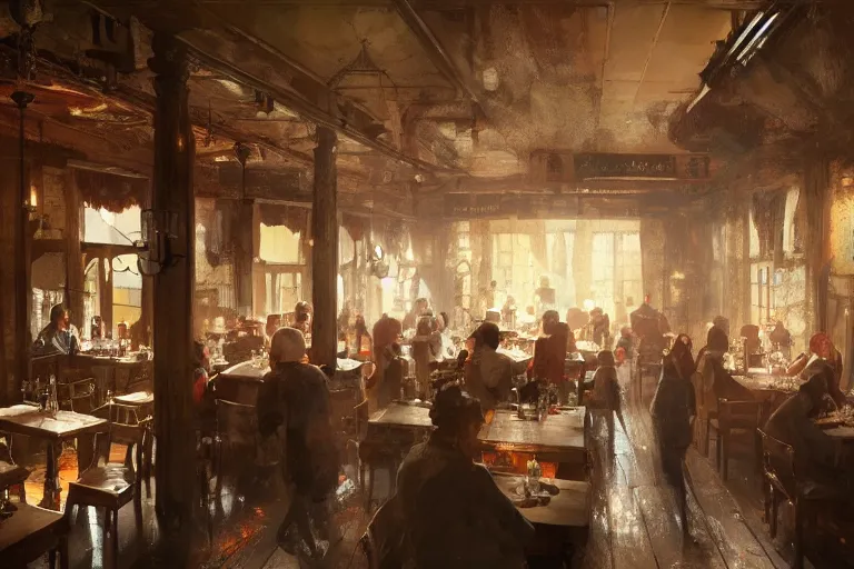 Image similar to A national geographic photo of the interior of an old inn restaurant filled with people by greg rutkowski, Trending on artstation