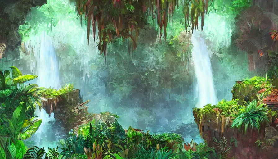 Image similar to concept art of underground jungle cave with waterfalls, luminescent plants, colorful, high detailed