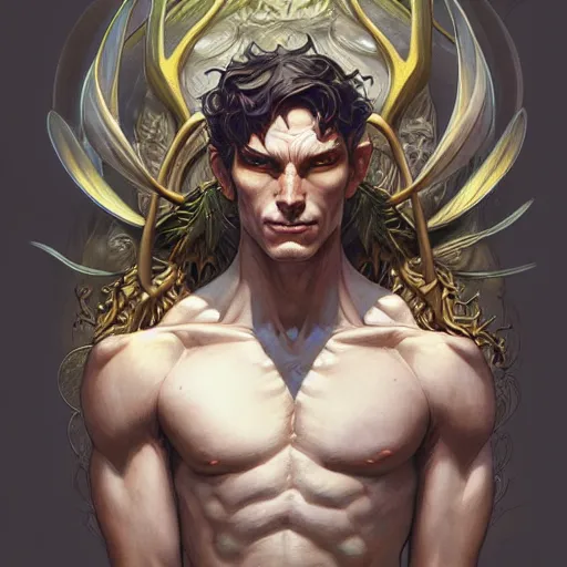 Image similar to sandman portrait of forest gog, male, clear face, masculine, upper body, muscular, fantasy, intricate, elegant, highly detailed, digital painting, artstation, concept art, matte, sharp focus, illustration, art by artgerm and greg rutkowski and alphonse mucha