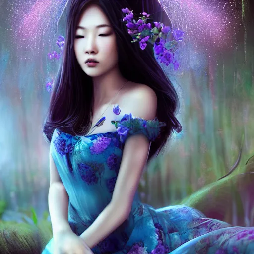 Prompt: ( portrait of a beautiful asian woman lost in her dream )!, with a single large flower in her hair, wearing a long soft silk dress, portrait by jean hugo, intricate, blue fireflies, unreal engine, 8 k, cinematic lights, atmospheric effects, bokeh, artstation, deviantart, pinterest, dark purple and blue tones