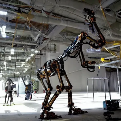 Prompt: publicity photo released by boston dynamics of its prototype metallic orangutan - style robot leaping or swinging or climbing in an obstacle - course while engineers are taking notes.