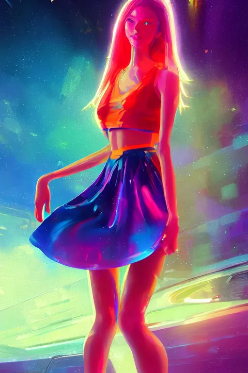 Prompt: digital art of a beautiful girl wearing a neon mini skirt in a futuristic spaceship, expressive oil painting, by wlop, by artgerm, by dan mumford, anime style, octane render, full body shot