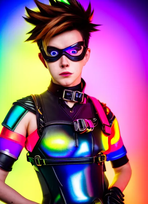 Image similar to hyperrealistic style portrait of tracer overwatch, confident pose, wearing black iridescent rainbow latex, rainbow, neon, 4 k, expressive happy smug expression, makeup, in style of mark arian, wearing detailed black leather collar, wearing sleek armor, black leather harness, expressive detailed face and eyes,