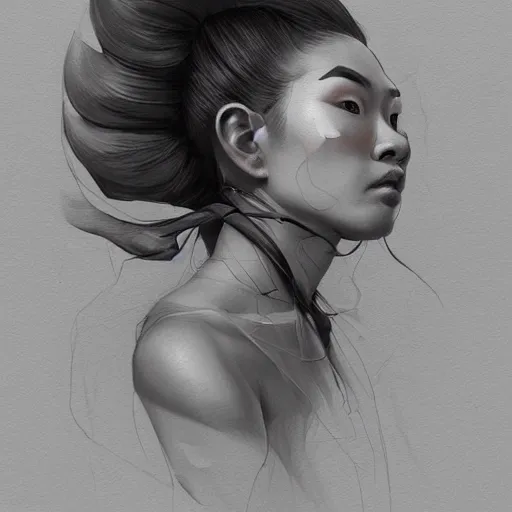 Image similar to a beautiful hyperrealistic bruletova portrait asian and body in pencil from a photo, by peter mohrbacher, technical drawing, blueprint diagram, trending on artstation