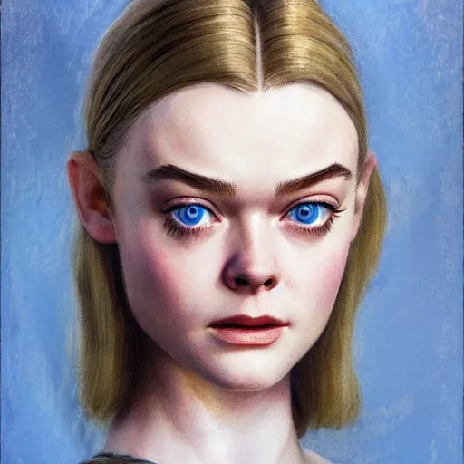 Prompt: ultra realistic head and shoulders portrait painting of elle fanning in fallout 3, art by frank frazetta, 4 k, ultra realistic, highly detailed, epic lighting