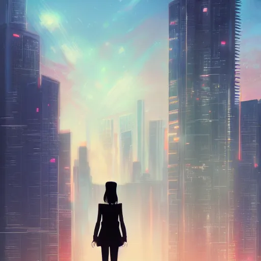 a woman standing in front of a city skyline, cyberpunk | Stable ...