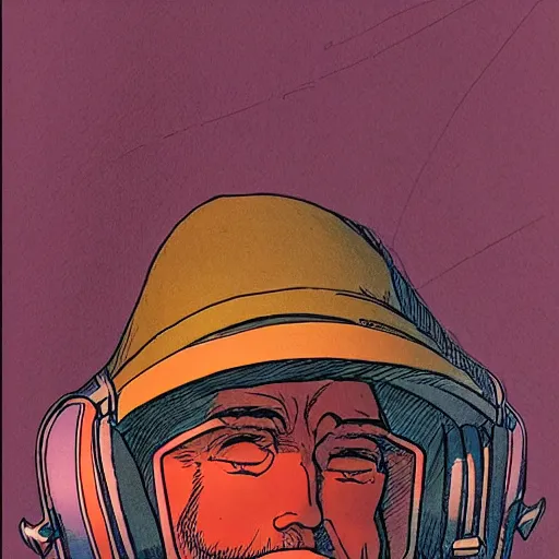 Image similar to drawn in the style of jean giraud!! moebius!! rackham the red wearing headphones and speaking into big microphone, podcast studio