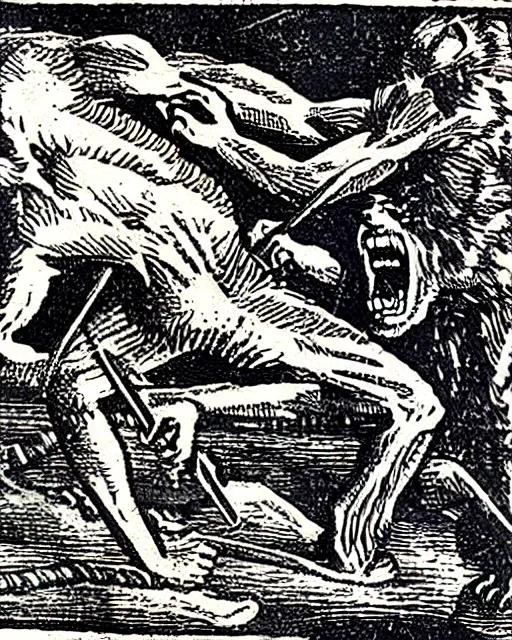 Image similar to woodcut of a lycanthrope being killed by a spear