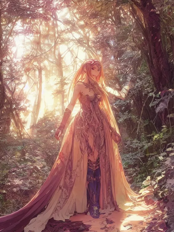 Image similar to anime key visual of amora the enchantress wearing a medieval gown!! intricate, magical forest, stunning, highly detailed, digital painting, artstation, smooth, hard focus, illustration, art by artgerm and greg rutkowski and alphonse mucha