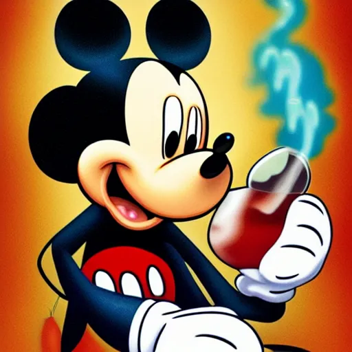 Image similar to mickey mouse with stoned eyes smoking a bong while sitting on a couch, messed apartment, amazing digital art, highly detailed