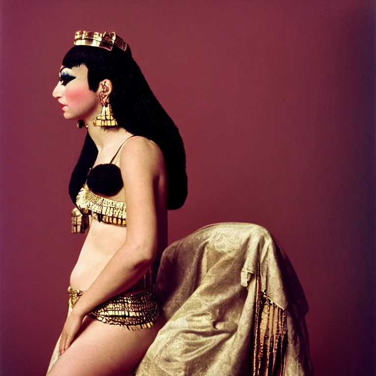 Image similar to a portrait photograph of cleopatra by richard avedon styled by andrea flesch, award winning, cooke 8 5 mm f / 1. 2, lomography color 4 0 0 film stock, low - key studio lighting,